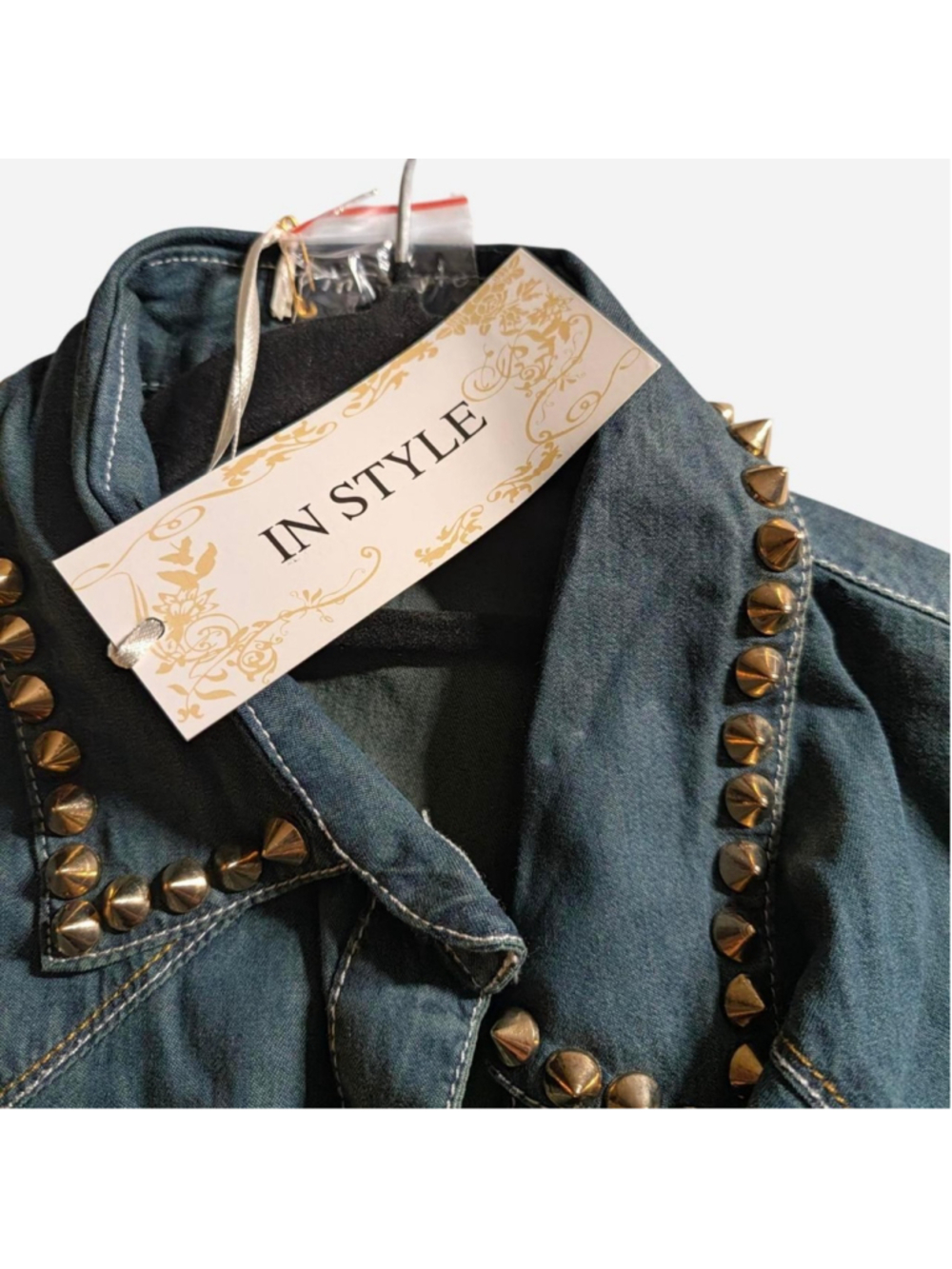 Women's Studded Denim Sleeveless Button Down Shirt Blue Green Size S